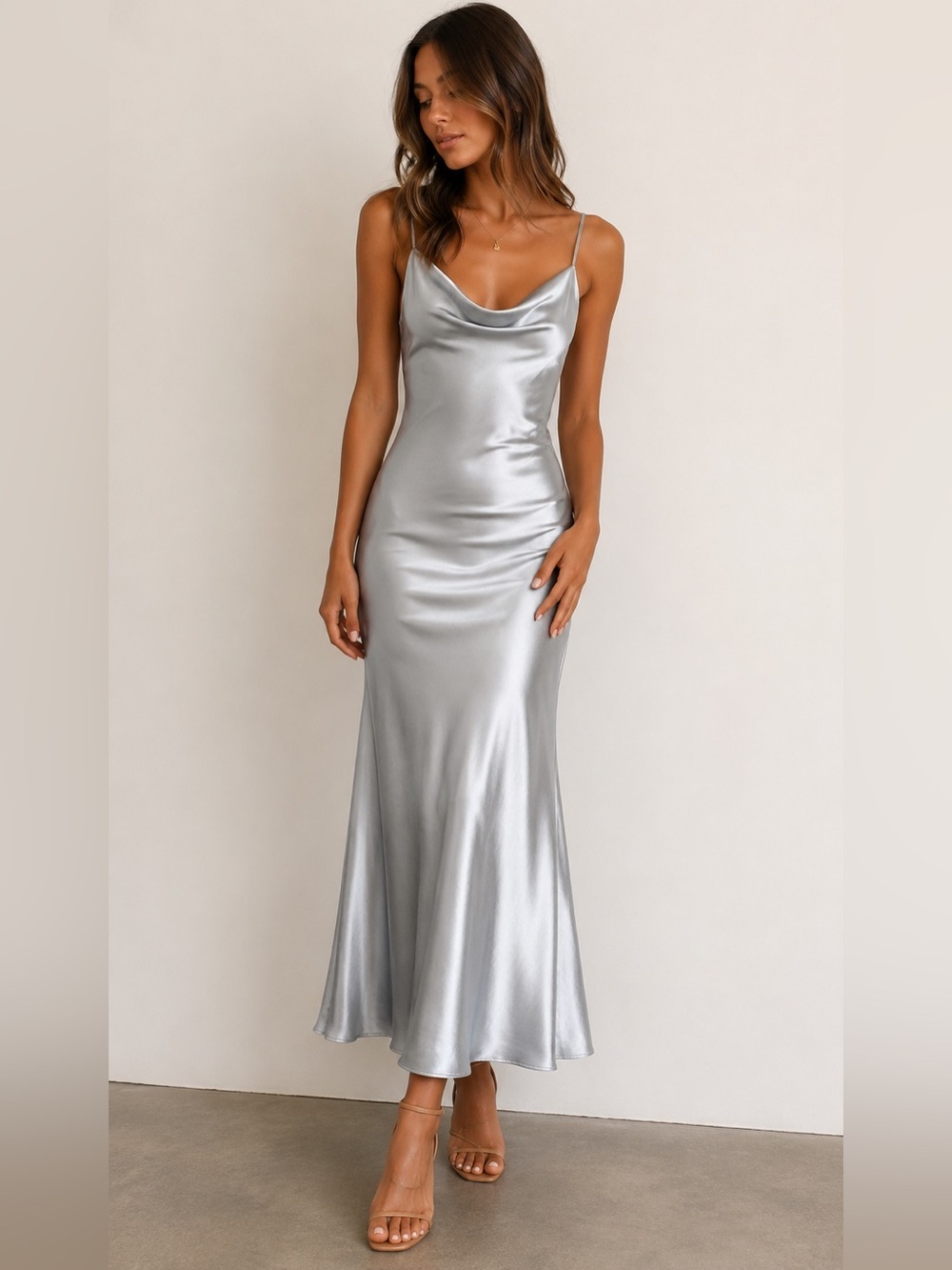 Audrey 3+1 Ice Blue Satin Maxi Dress | Cowl Neck | Side Slit | Size Medium